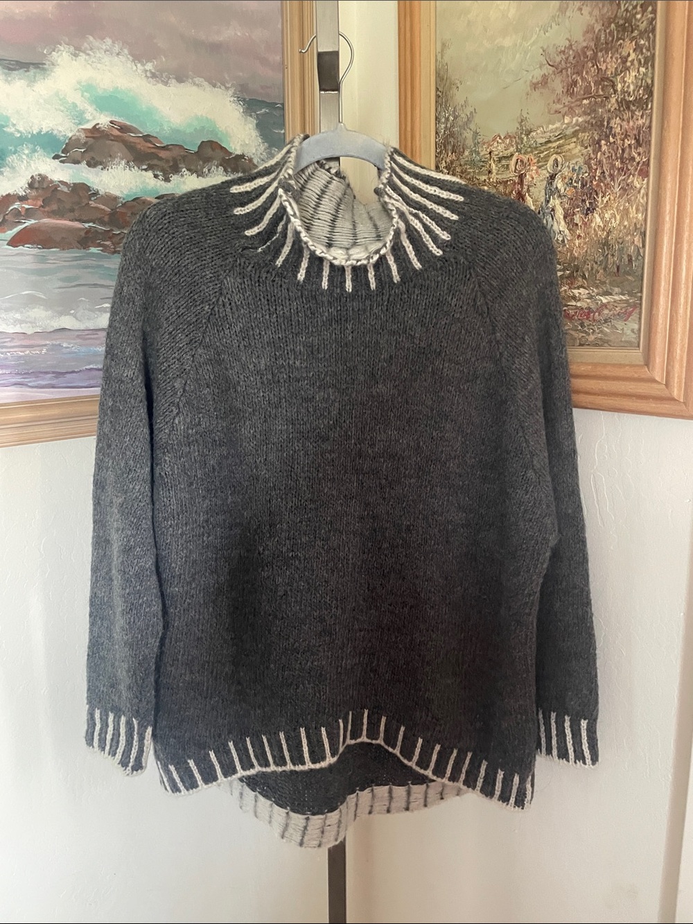 Nostalgia Dark Gray Crewneck Sweater with Cream Trim